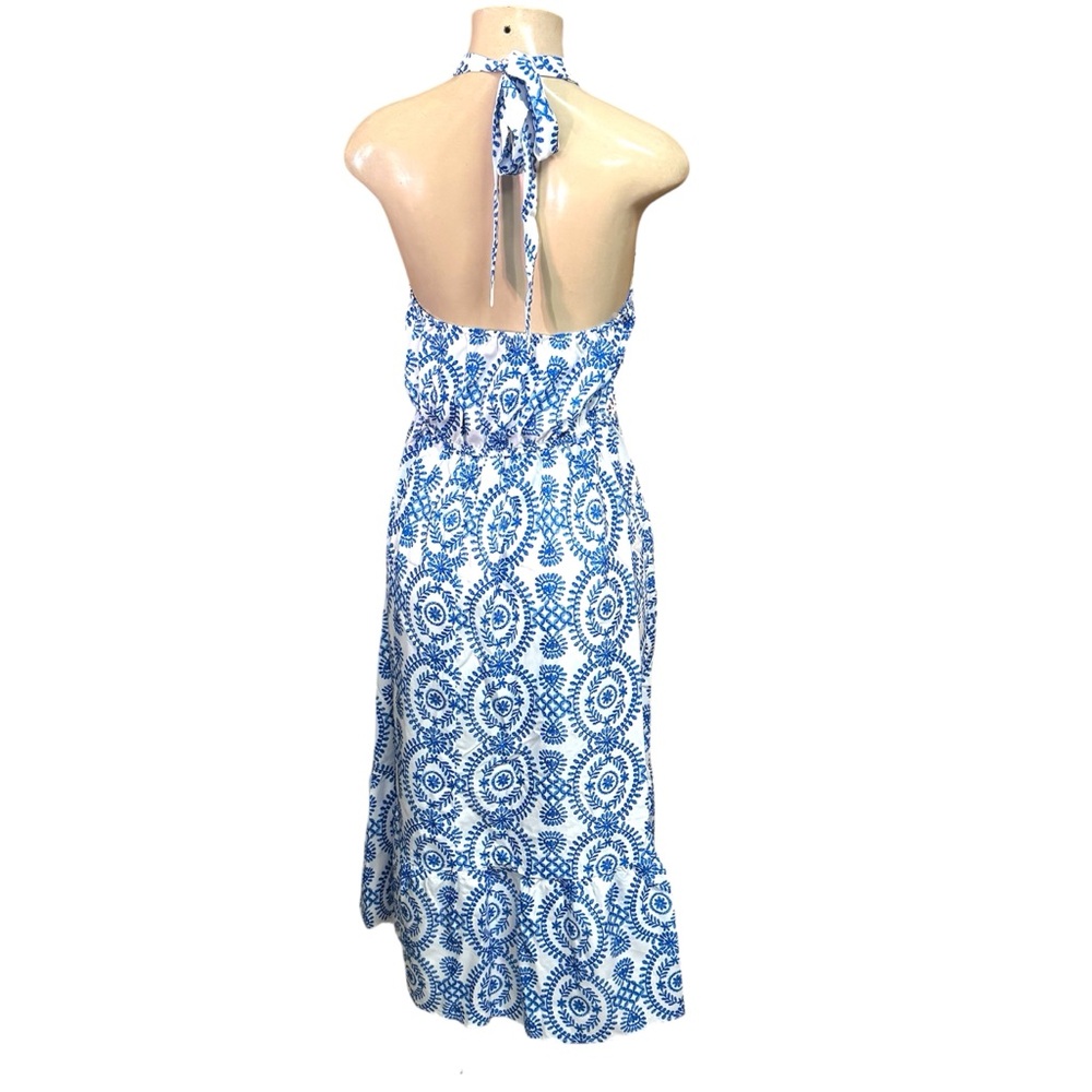 Blue & White Ornate Halterneck Sleeveless Midi Dress Size M - Picture 4 of 10